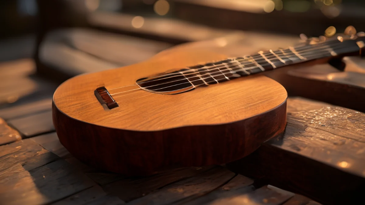 Uma guitarra tradicional tailandesa de templo com incrustações complexas e douradas.