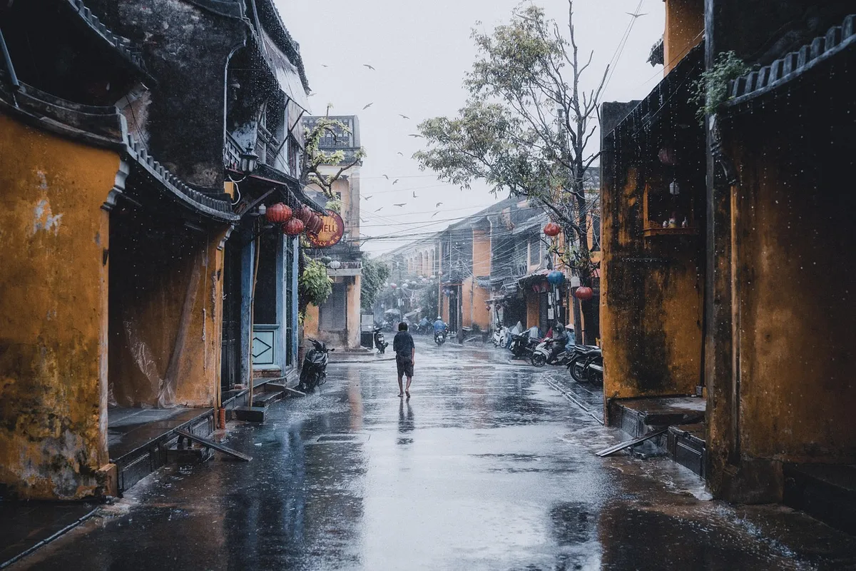person, nature, road, street, buildings, rain, rainy, urban, walk, lonely, city, hoi an, vietnam